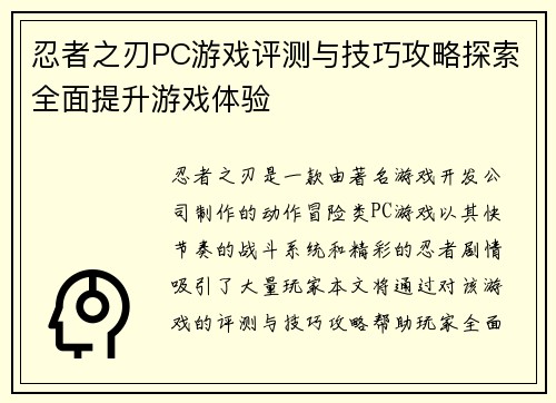 忍者之刃PC游戏评测与技巧攻略探索全面提升游戏体验